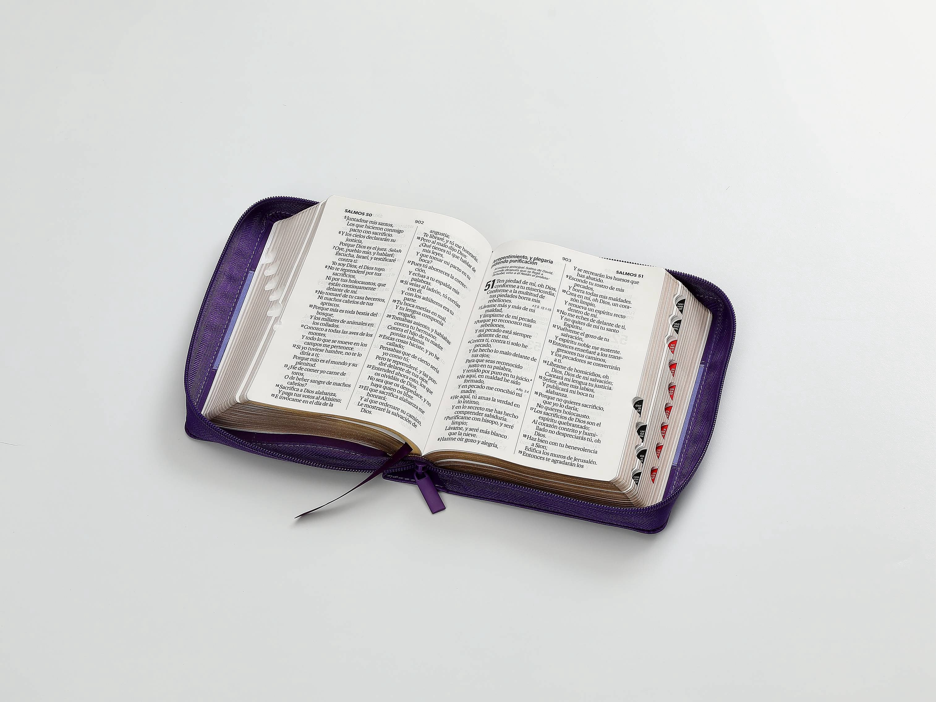 Biblia RVR60 Tamaño Compacto Letra Grande 12 puntos cierre indice lila