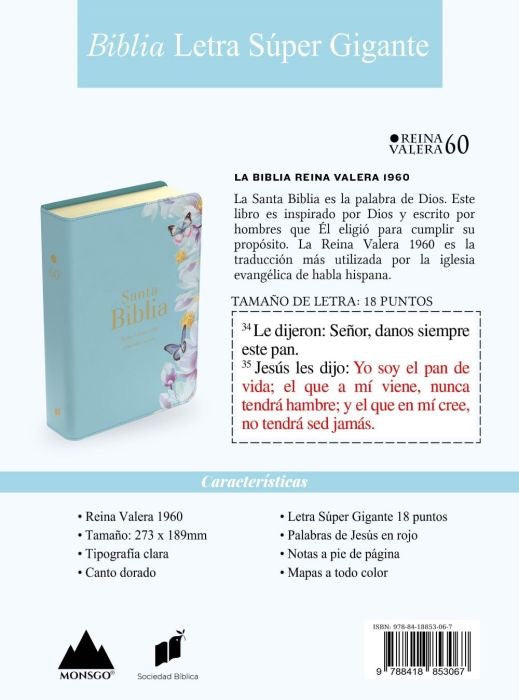 Biblia RVR 1960 Letra Súper Gigante Símil Piel Azul Clara